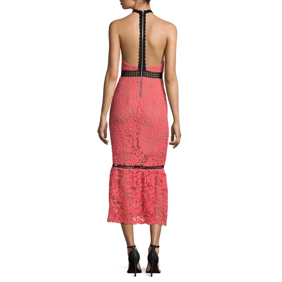 ABS CORAL LACE RUFFLE HALTER MIDI COCKTAIL DRESS 0